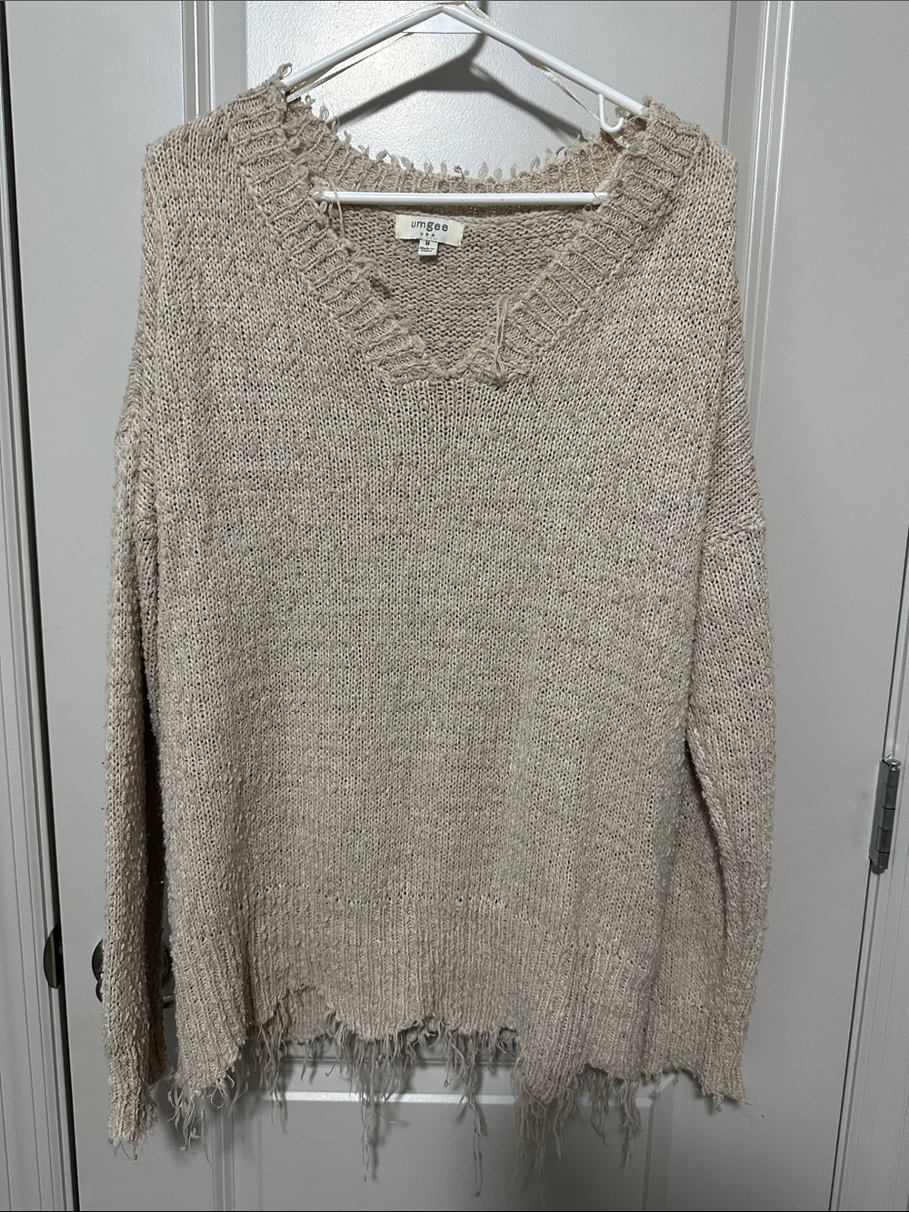 Umgee Distressed V-Neck Sweater in Oatmeal Beige